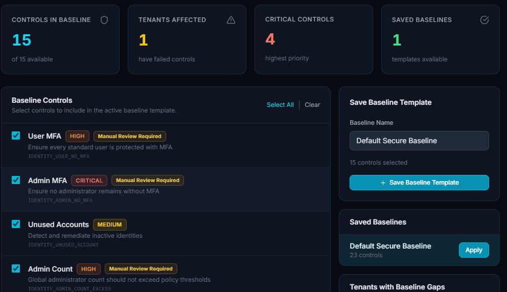 Cloud Locksmith security baselines — reusable identity baselines applied across a tenant fleet, with manual-review gating per control